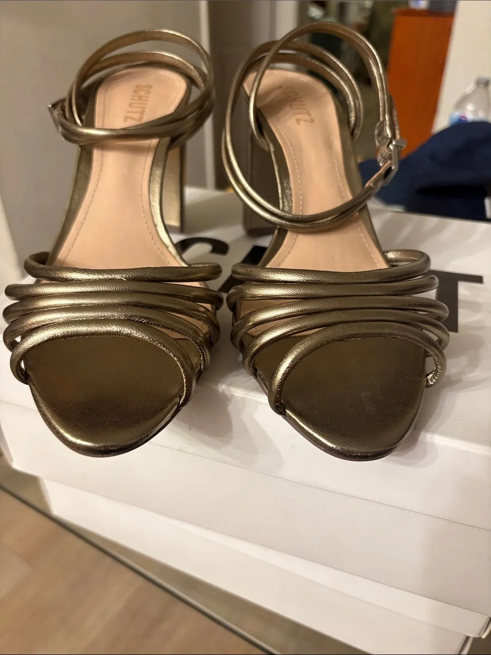 SCHUTZ Bronze Metallic Strappy Block Heel Sandals #77